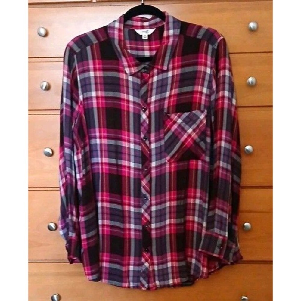 Terra & Sky Womens 2X 20W-22W Plaid Collared Long Sleeve Button Viscose Pink Top